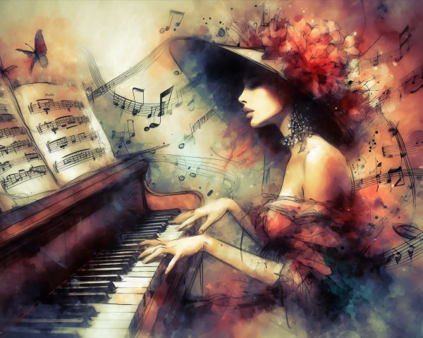 Serene Woman in Hat Playing Grand Piano with Nature