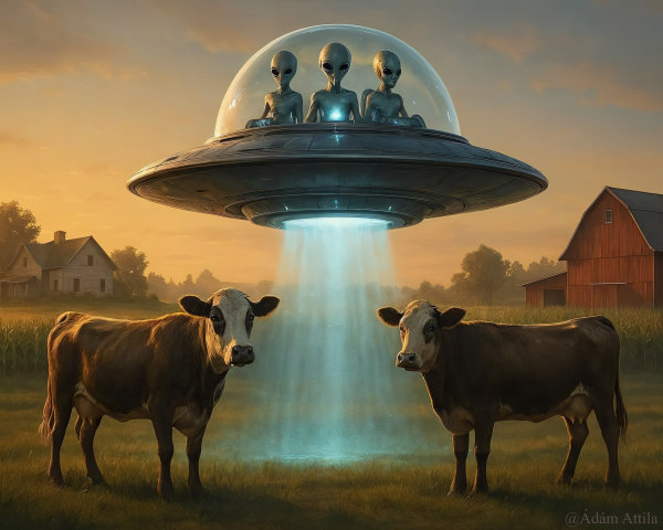 Cows Under UFO in Serene Rural Sunset Landscape