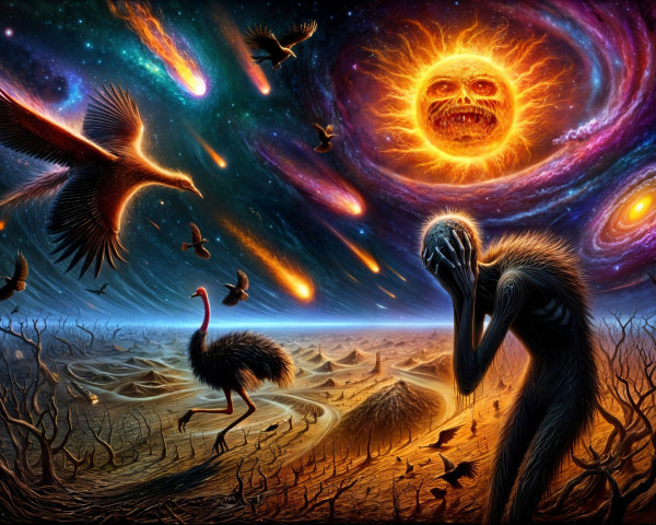Surreal Cosmic Landscape with Humanoid Figure and Galaxies
