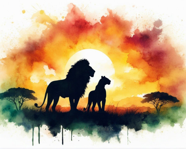 Watercolor Silhouette of Lion and Lioness at Sunset
