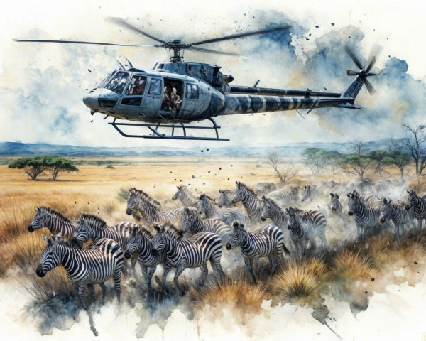 Helicopter Over Golden Savanna with Galloping Zebras