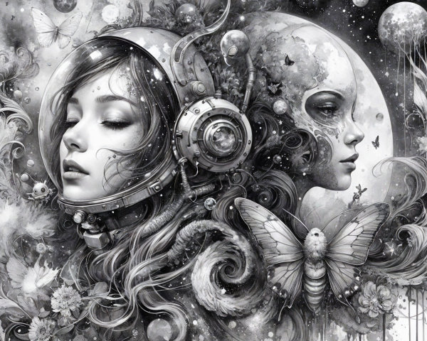 Monochromatic Fantasy and Sci-Fi Illustration with Faces