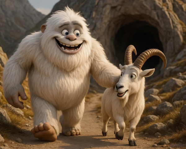 Whimsical Yeti and Goat in Mountain Landscape