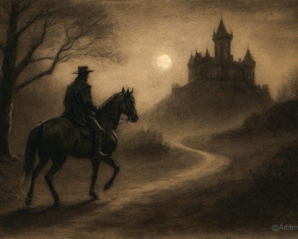 Lone Rider on Dark Horse Under Moonlit Castle