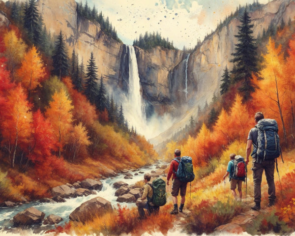 Hikers Enjoying a Waterfall in Autumn Landscape
