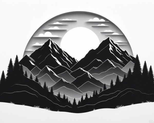 Stylized Black-and-White Mountain Landscape Artwork