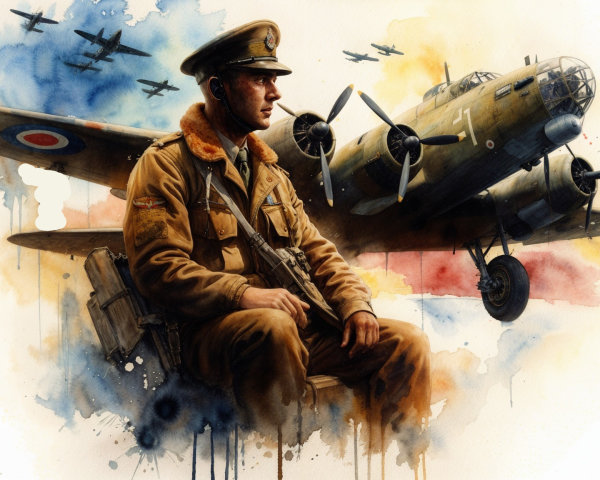 Military Pilot in Vintage Uniform with Bomber Aircraft