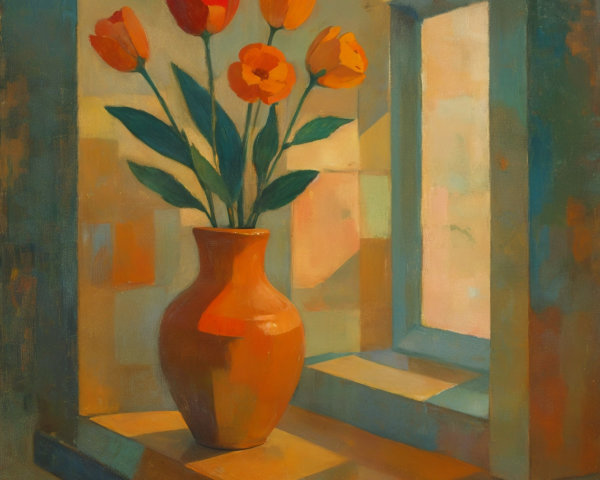 Vibrant Still Life of Tulips in Terracotta Vase