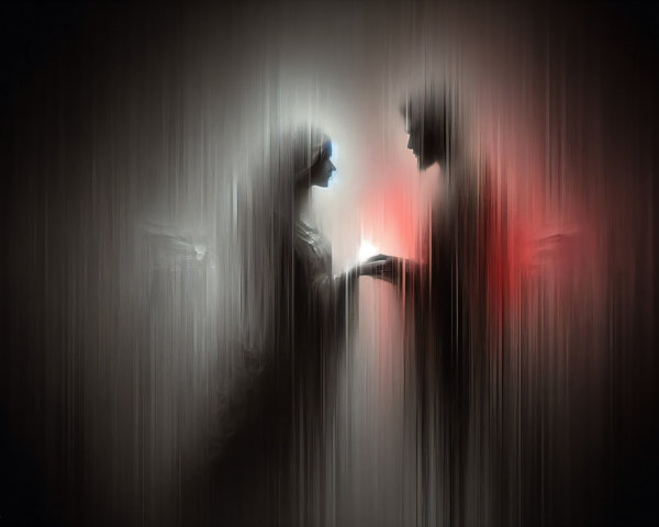 Ethereal Scene of Two Figures Exchanging a Glowing Object