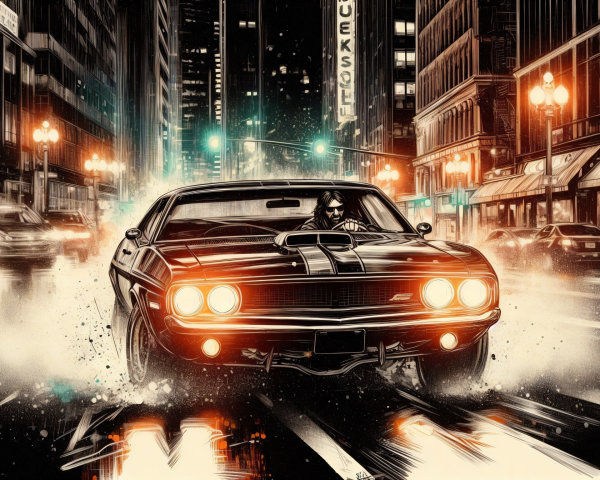 Muscle Car in Vibrant Cityscape at Night