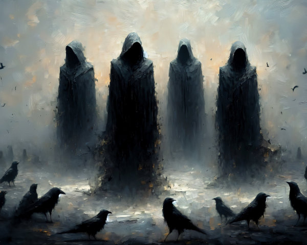 Shadowy Figures in Foggy Landscape with Crows