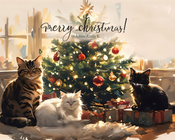 Three Cats by a Christmas Tree in Painterly Style