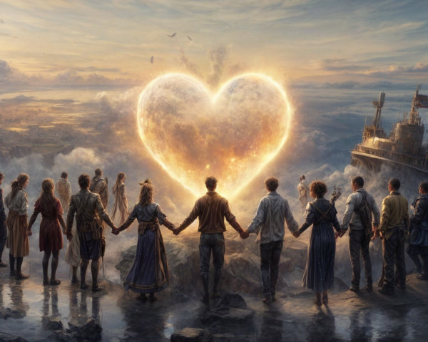 Group Holding Hands on Cliff with Heart-Shaped Cloud