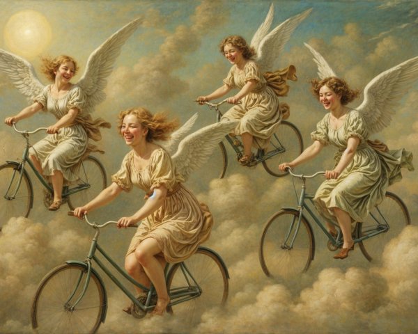 Joyful figures with wings riding bicycles in clouds