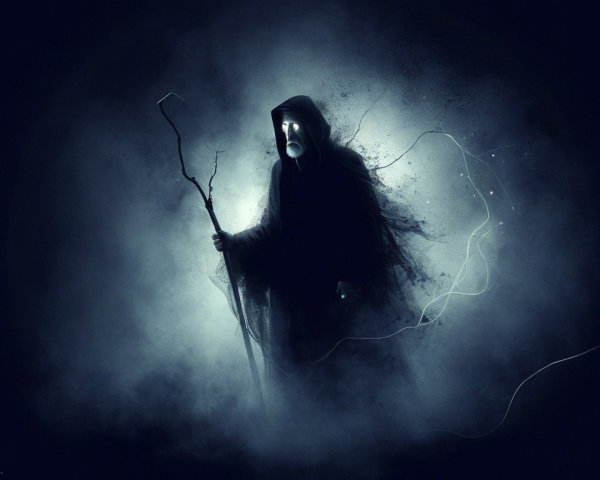 Mysterious Figure in Dark Robes Surrounded by Shadows