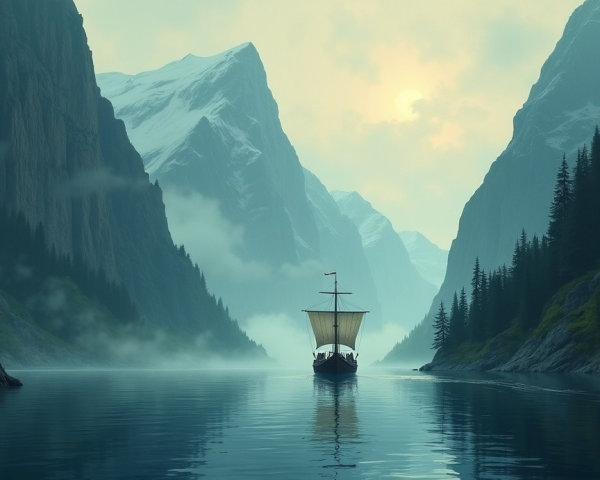 Lone Ship in Misty Fjord Surrounded by Snowy Mountains