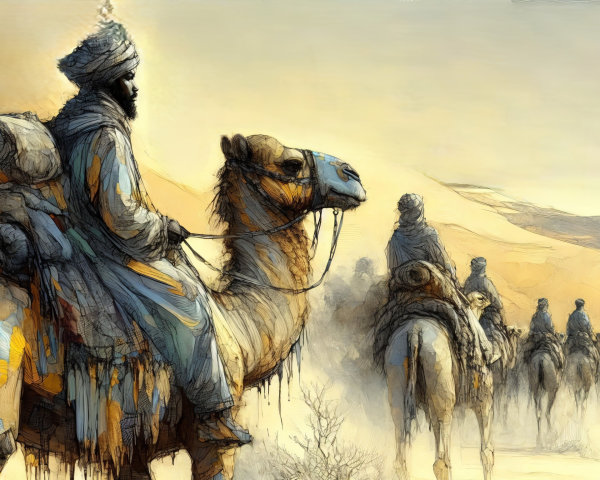 Desert Travelers Riding Camels in Sandy Landscape