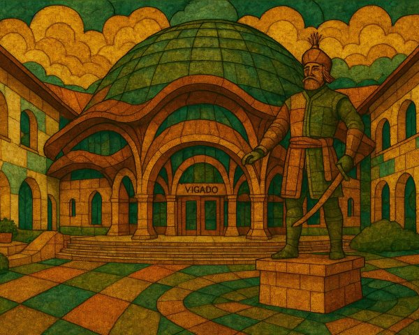 Geometric Illustration of a Grand Courtyard Scene