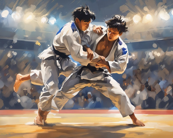 Male Judokas Grappling on Beige Mat in Stadium
