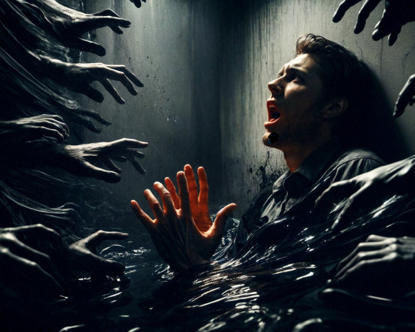 Desperate man in flooded room with eerie shadows