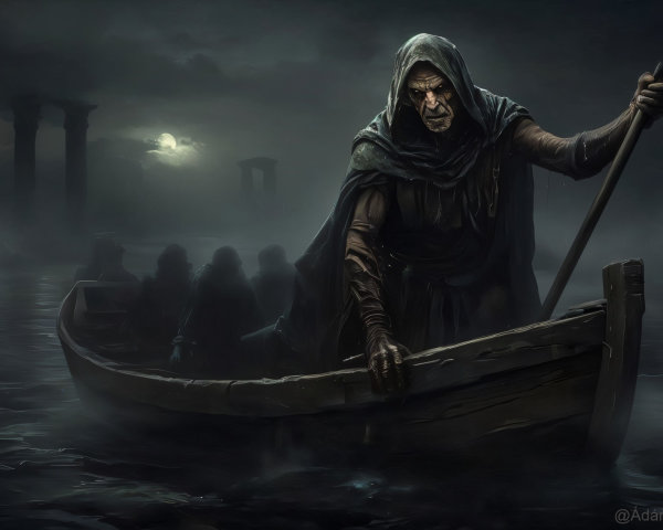 Old Man in Cloak Rows Boat on Dark Misty Water