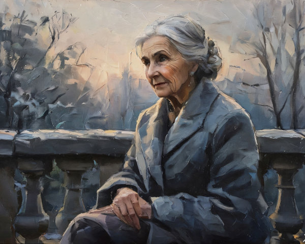 Elderly Woman on Balcony in Winter Landscape