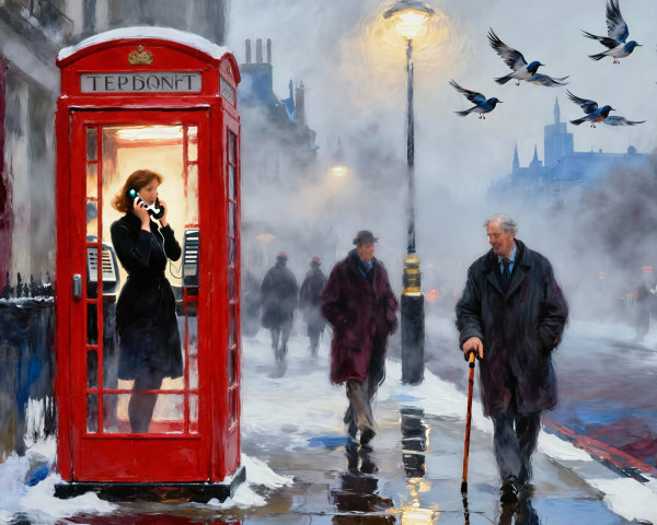 Snowy London Street Scene with Red Telephone Booth