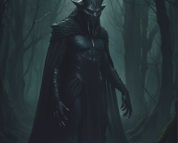 Menacing figure in a shadowy forest with glowing eyes
