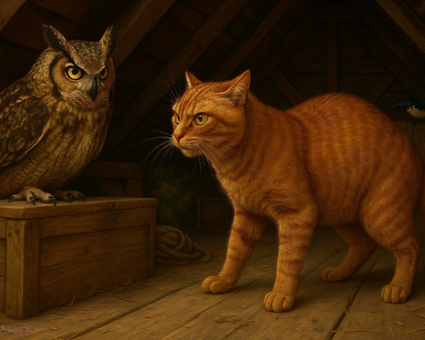 Rustic Attic Scene with Tabby Cat and Owl
