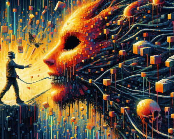 Surreal Landscape with Fiery Pixelated Face