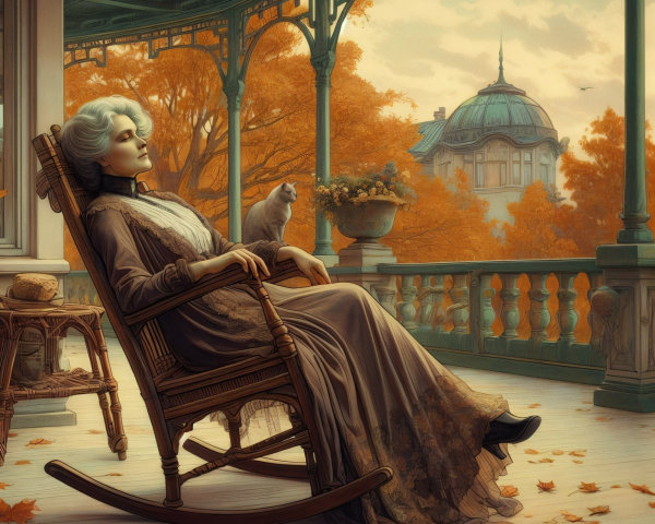 Vintage Woman Relaxing on Porch with Autumn Scenery