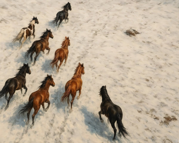 High-angle photo of galloping horses in motion