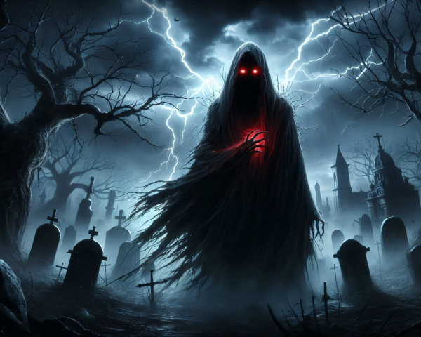 Eerie Graveyard Scene with Ghostly Figure and Stormy Sky