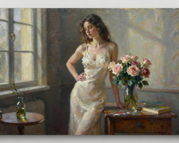 Slender Woman in White Dress by Window with Roses