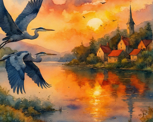 Sunset Over Lake with Herons and Quaint Village