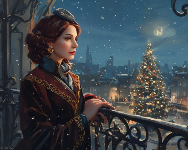 Victorian Woman on Snowy Balcony with Christmas Tree