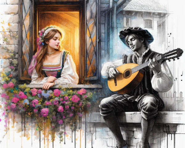 Romantic Scene of a Woman and Lute Player by Window