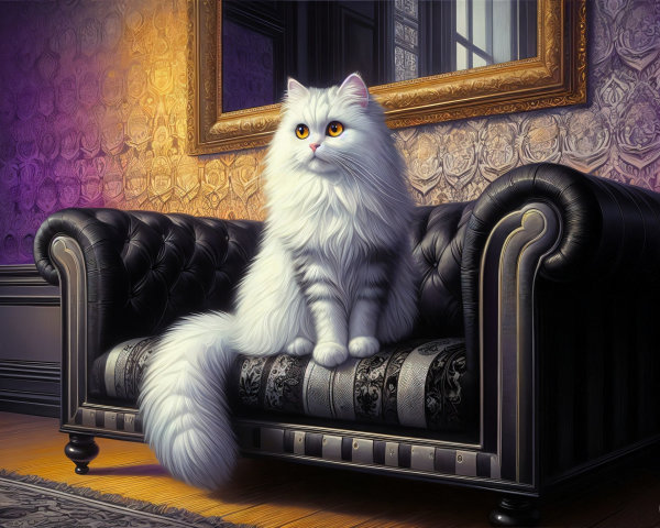 Majestic white cat on ornate black tufted sofa