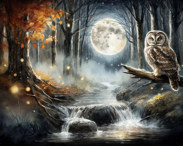 Majestic Owl Overlooking Moonlit Stream and Forest