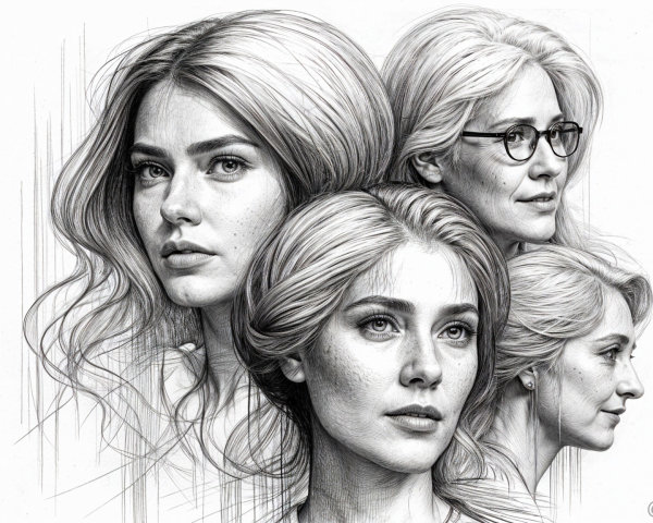 Pencil Drawing of Four Female Faces Across Ages