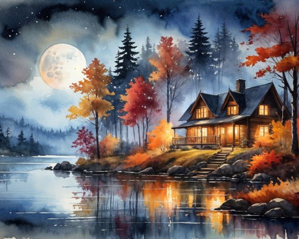 Autumn Landscape with Cottage by Tranquil Lake