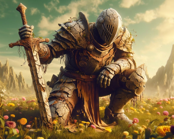 Knight in Cracked Armor in Flower Field Landscape