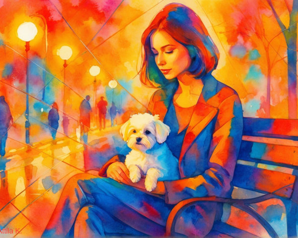 Watercolor Painting of Woman with Dog on Park Bench