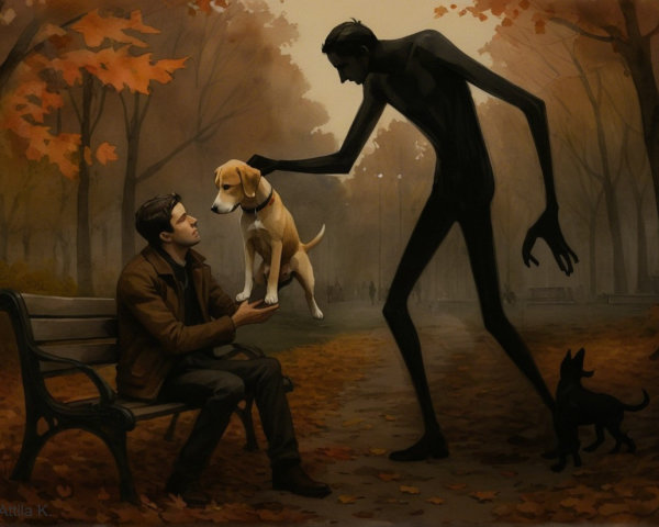 Autumn Park Scene with Man, Dog, and Shadowy Figure