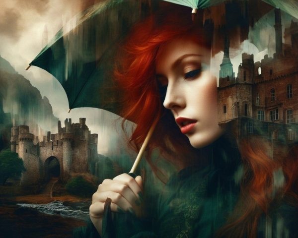 Serene Woman with Red Hair Under Green Umbrella