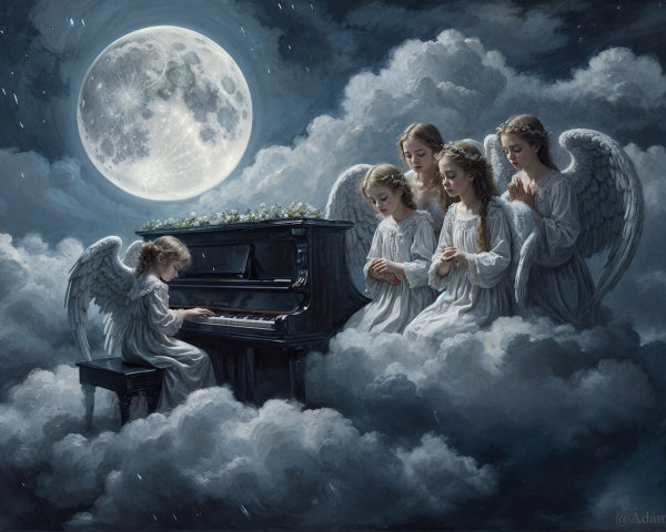 Angels Playing Piano in a Moonlit Cloud Scene