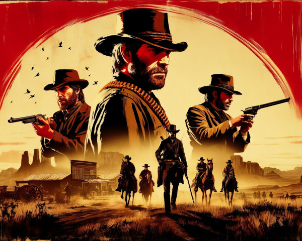 Dramatic Western Scene with Cowboys at Sunset
