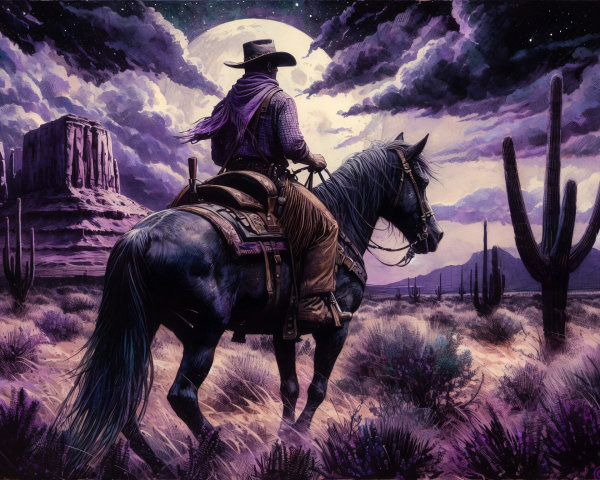 Cowboy on Horse in Moonlit Desert Landscape