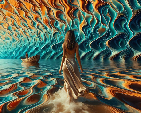 Woman in Silver Dress Walking Through Shallow Water