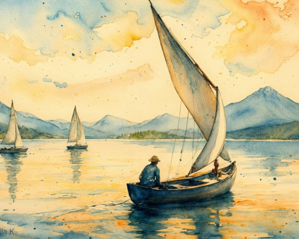 Watercolor Painting of Sailor on Tranquil Lake